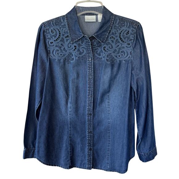 Chico's Tops - Chico's women's long-sleeve denim shirt embroidered cutouts size S/M